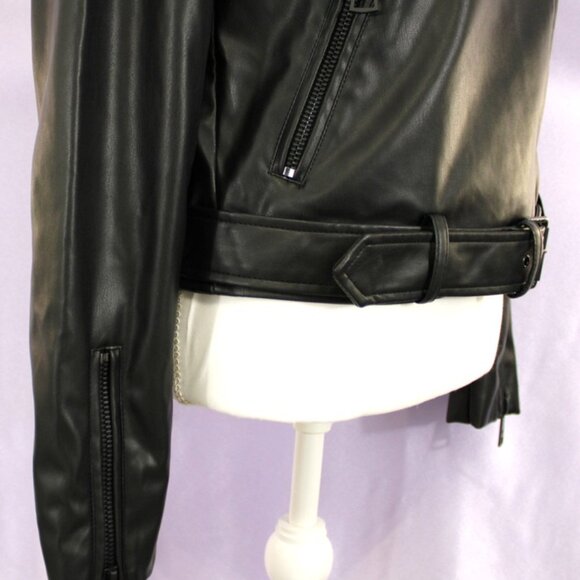 NEW DKNY Black Faux Leather Moto Jacket – Belted Waist, Asymmetrical Zip Size M - Picture 7 of 16